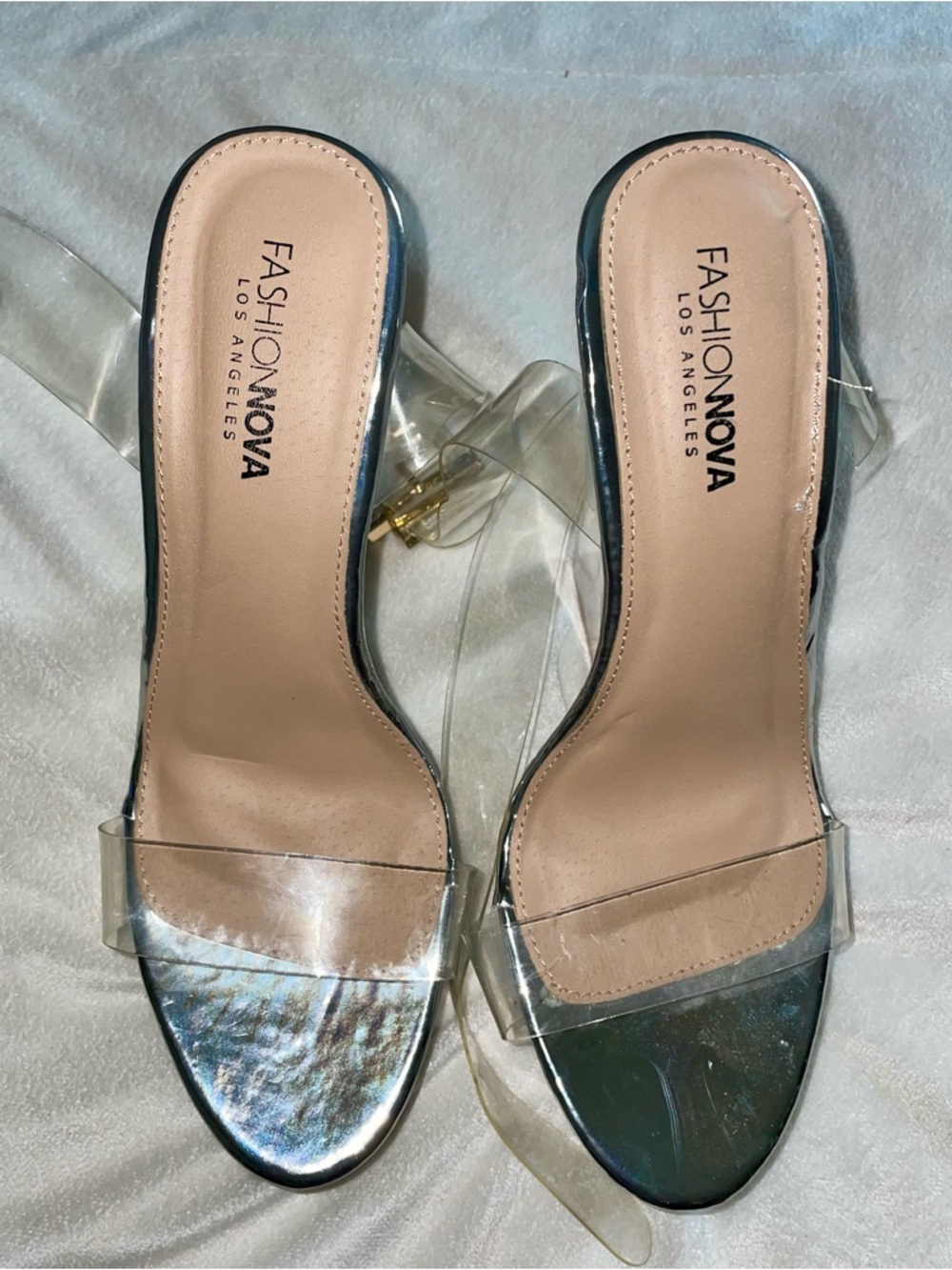 Fashion Nova Iridescent Clear Strap Slide Heels - Holographic Blue/Green
